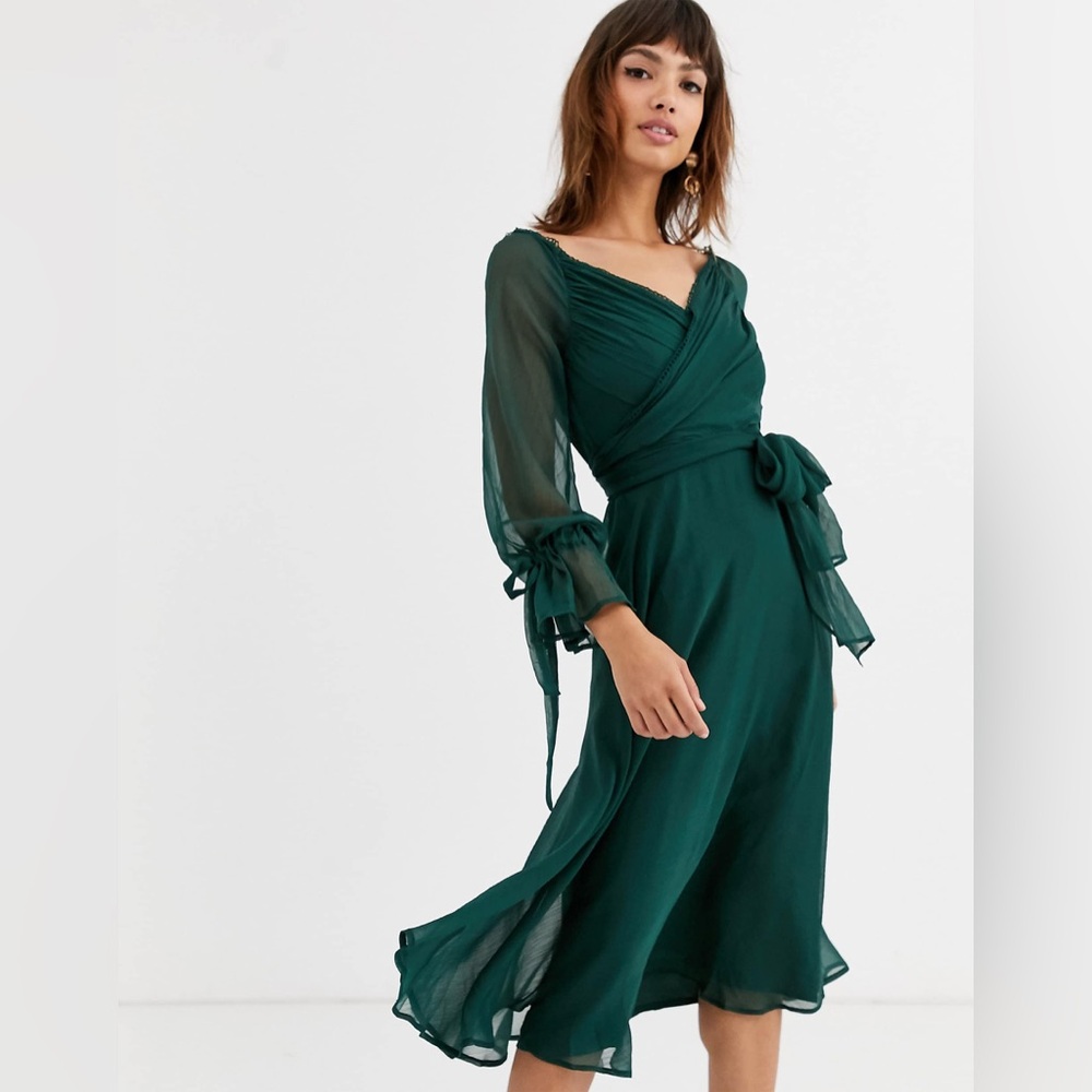 ASOS Long Sleeve Midi Dress with Layered Skirt and Wrap Waist